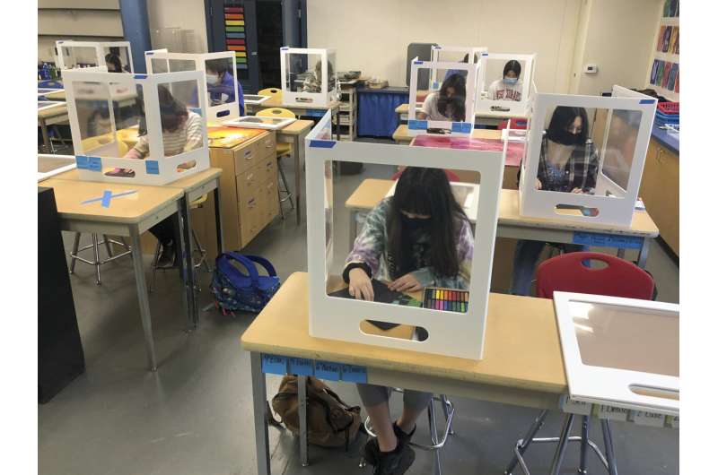 In this March 2, 2021, file photo, socially distanced and with protective partitions students work on an art project during class at the Sinaloa Middle School in Novato, Calif. Public schools have struggled for years with teacher shortages, particularly in math, science, special education and languages. But the pandemic has exacerbated the problem. The stresses of teaching in the COVID-era caused a spike in teacher retirements and resignations. Now that California schools have welcomed students back to in-person learning, they face a new challenge: A shortage of teachers and all other staff, the likes of which some districts say they've never seen. Credit: AP Photo/Haven Daley, File COVID-19 creates dire US shortage of teachers, school staff