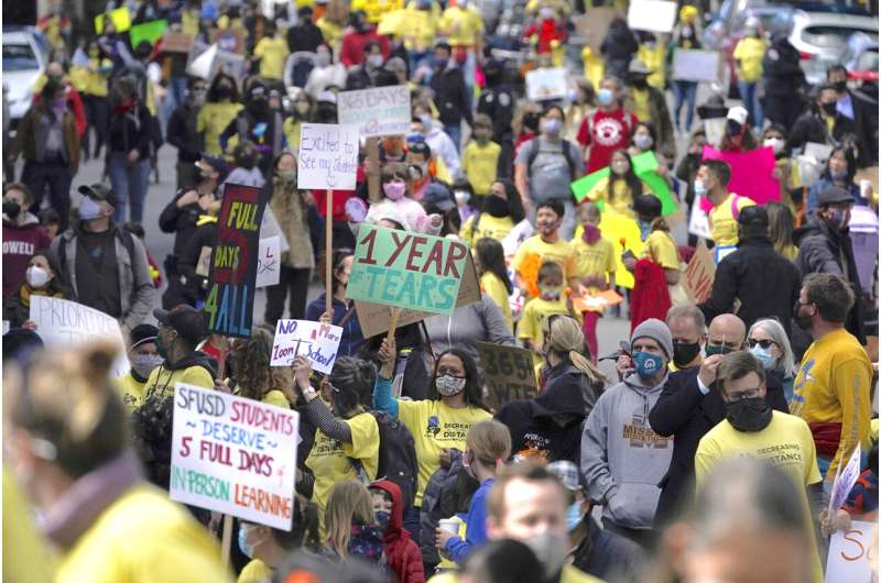 In this March 13, 2021, file photo, parents, students, teachers and supporters march during a rally for San Francisco public schools to reopen during the coronavirus pandemic in San Francisco. Now that schools have welcomed students back to classrooms, they face a new challenge: a shortage of teachers and staff the likes of which some districts say they have never seen. Public schools have struggled for years with teacher shortages, but the coronavirus pandemic has exacerbated the problem. Credit: AP Photo/Jeff Chiu, File COVID-19 creates dire US shortage of teachers, school staff