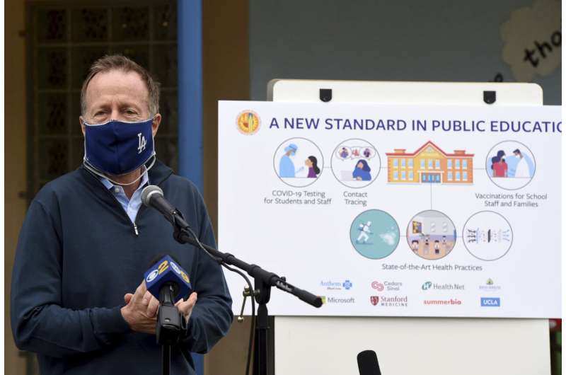 In this April 12, 2021, file photo then Superintendent Austin Beutner speaks to teachers at Normont Elementary School in Harbor City, Calif. Now that schools have welcomed students back to classrooms, they face a new challenge: a shortage of teachers and staff the likes of which some districts say they have never seen. Public schools have struggled for years with teacher shortages, but the coronavirus pandemic has exacerbated the problem. Credit: Brittany Murray/The Orange County Register via AP COVID-19 creates dire US shortage of teachers, school staff