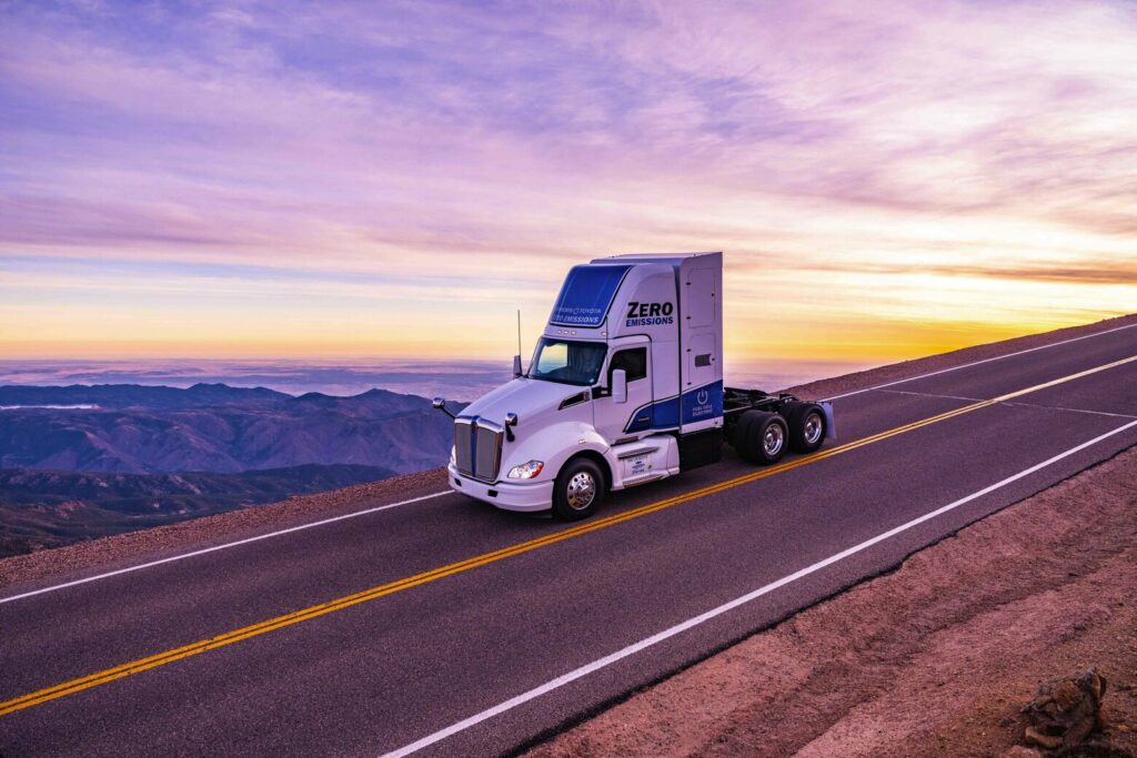 This is one of 10 hydrogen fuel cell trucks being built by Kirkland-based Kenworth Trucks for Toyota under a grant provided by a California state agency. The fuel cell enables electric power generation for the vehicle to travel more than 300 miles before refueling that can be nearly as fast as diesel refueling. The trucks are being tested at the Port of Los Angeles, but this photo was taken as truck climbed Pikes Peak in Colorado on a test drive. Credit: Colby Williams/Courtesy of Toyota